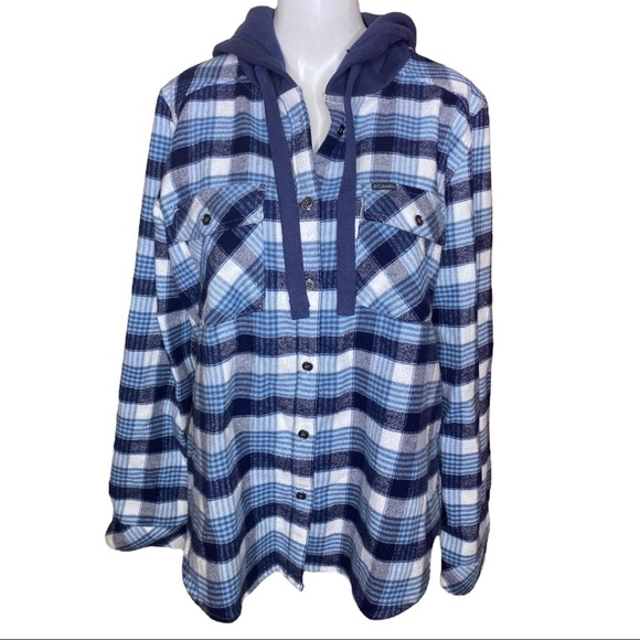 Columbia Flannel Hoodie Blue Plaid Button Up Size Large - Picture 2 of 10